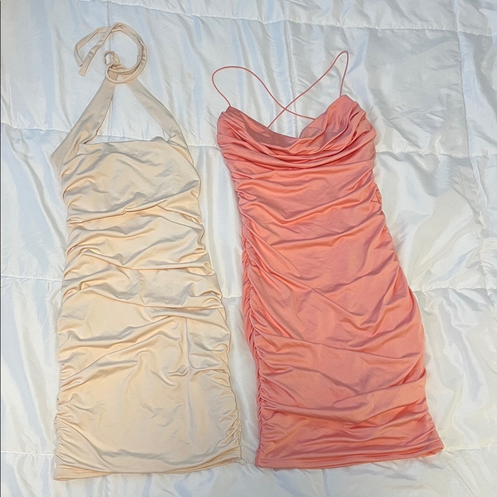 Like New Oh Polly Set of 2 Mini Ruched Dresses- Peach and Pink - Size 2/4